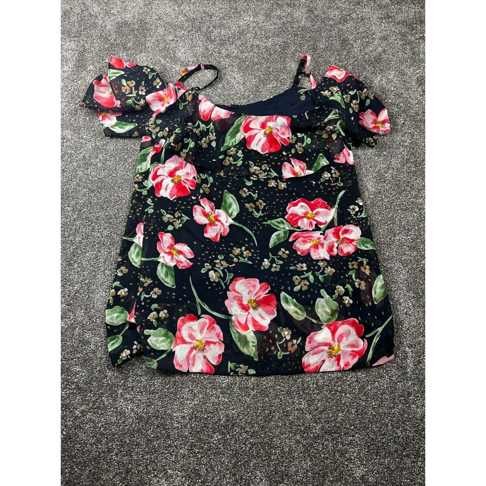 Cabi Top Womens Small Fairy Tale Floral Cold Shoulder Blouse Cami Navy Blue/Pink